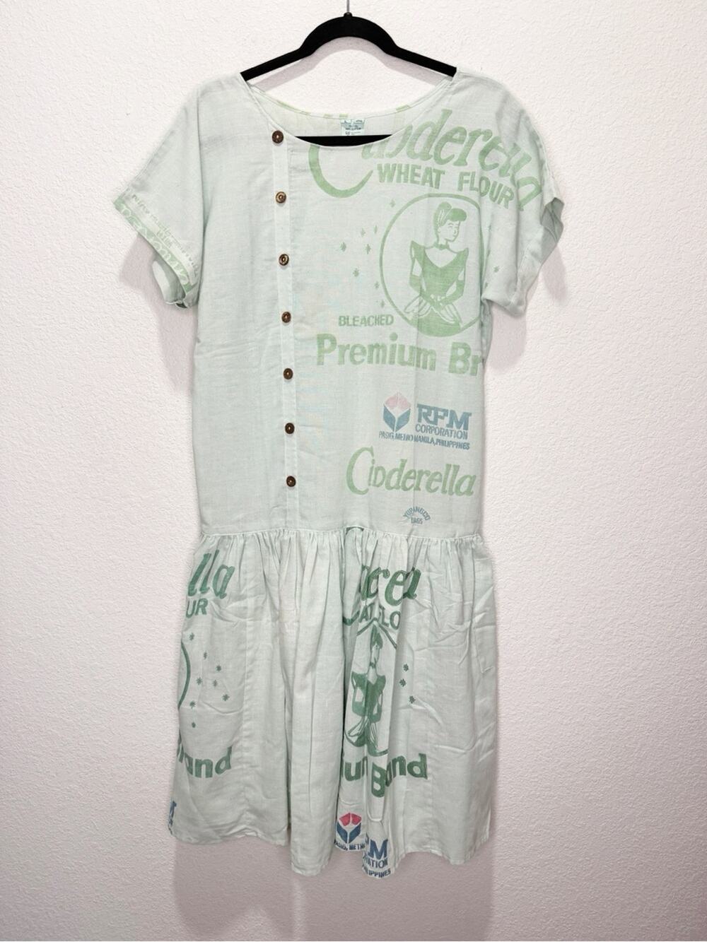 Vintage Flour Sack Fabric Midi Dress Cinderella Pockets Drop Waist Large